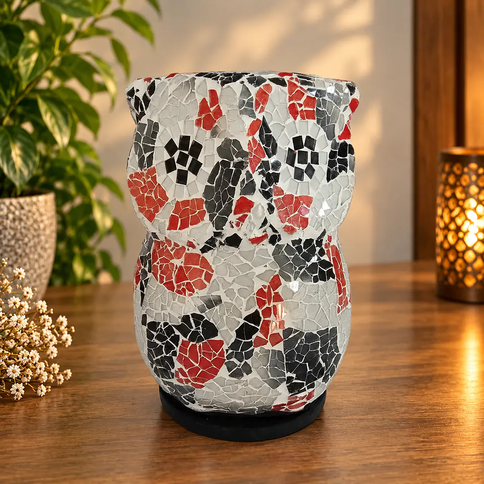 Lámpara Búho Mosaico Artesanal – Blanco, Rojo y Negro 1