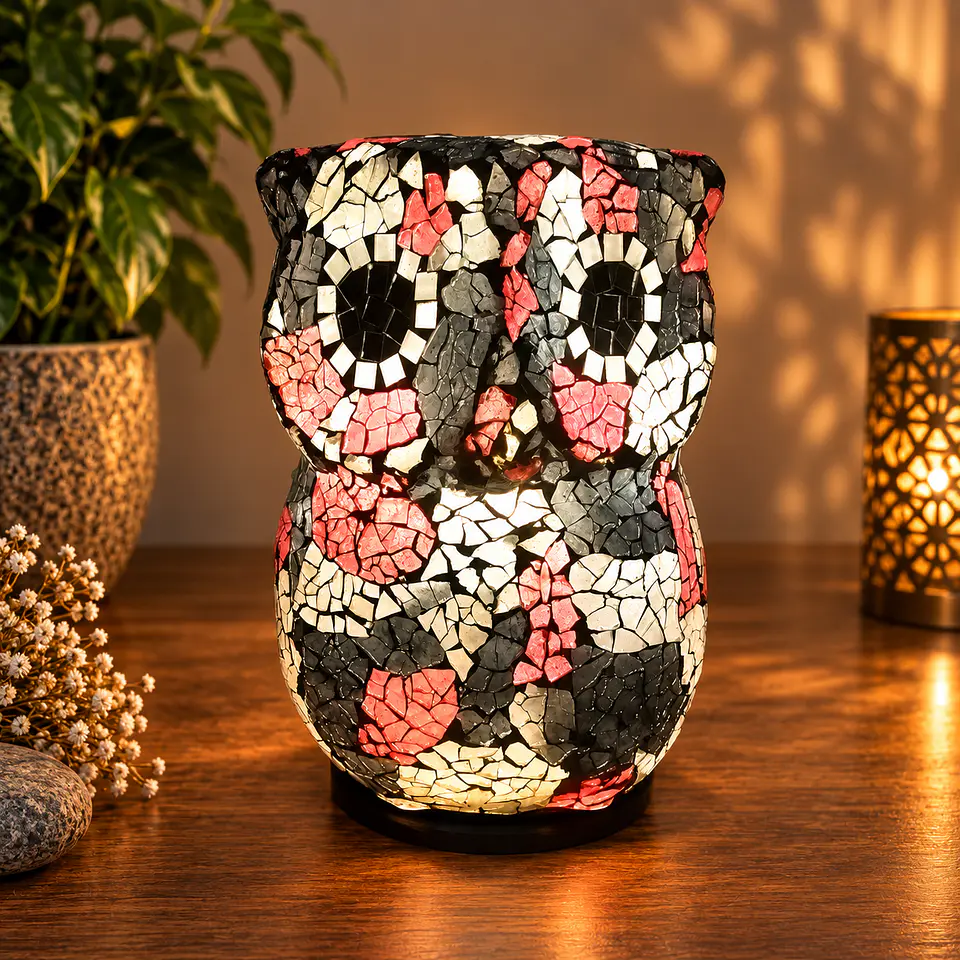 Lámpara Búho Mosaico Artesanal – Blanco, Rojo y Negro 2