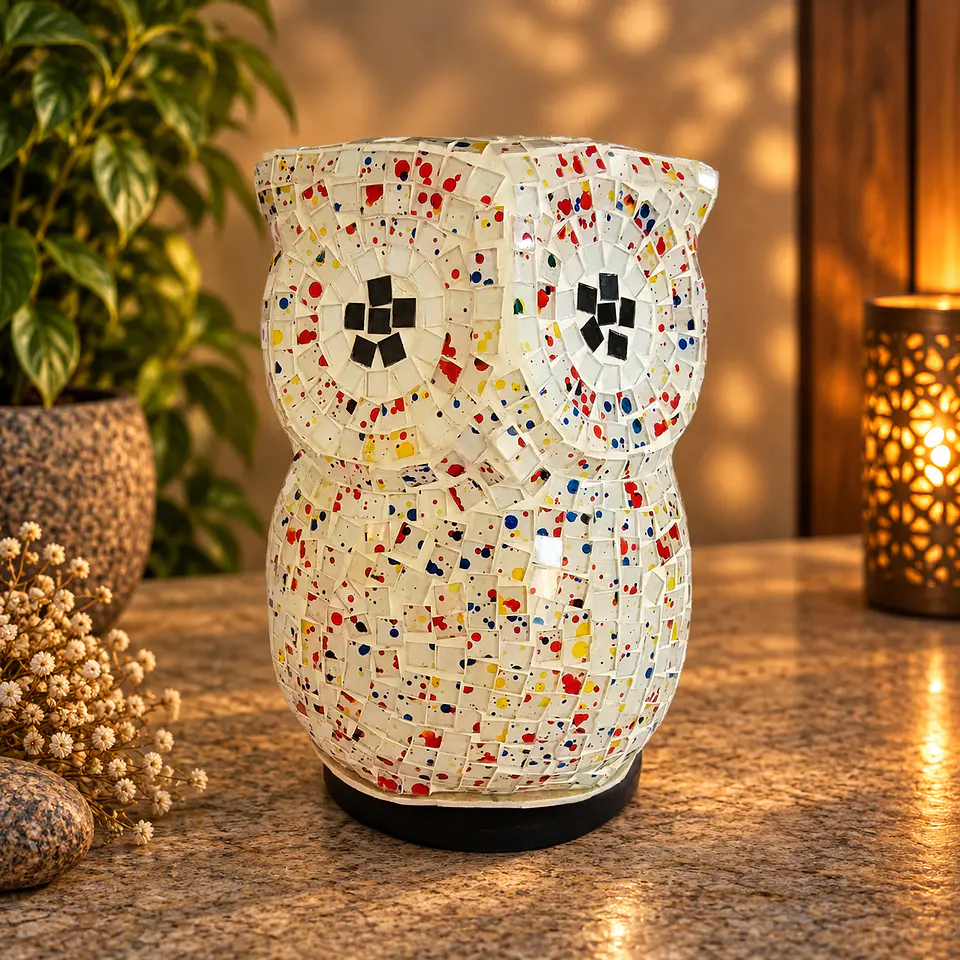 Lámpara Búho Mosaico Artesanal – Blanco Multicolor 1