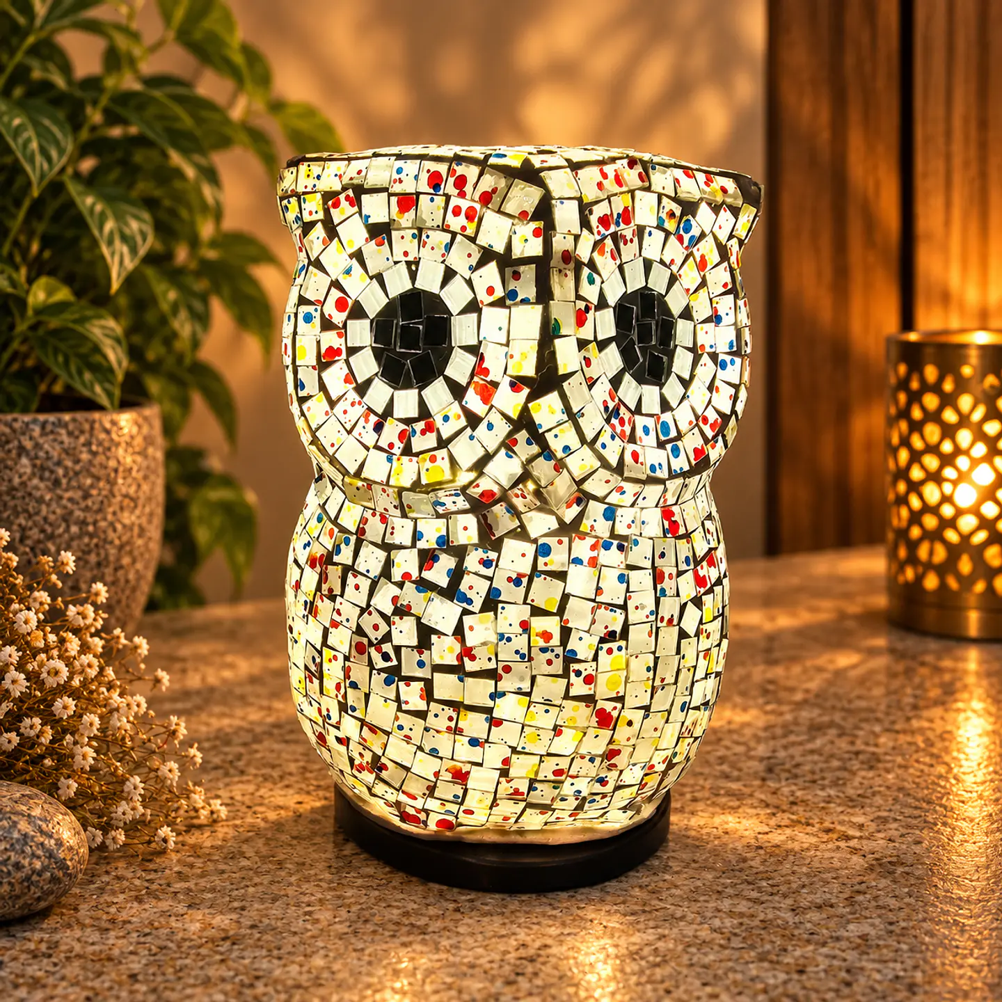 Lámpara Búho Mosaico Artesanal – Blanco Multicolor 2