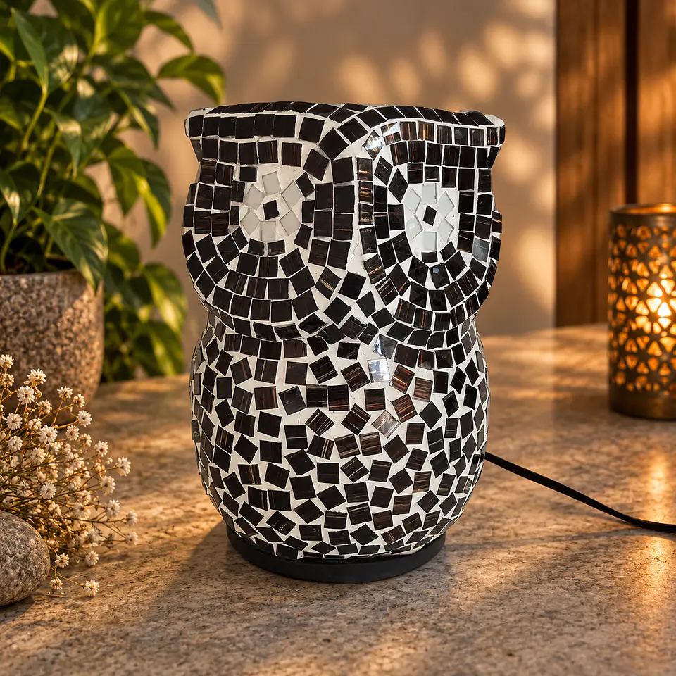 Lámpara Búho Mosaico Artesanal – Negro y Blanco 1