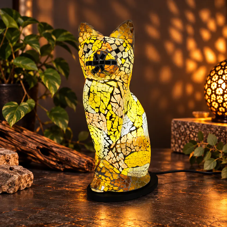 Lámpara Gato Mosaico Artesanal – Amarillo y Beige 2
