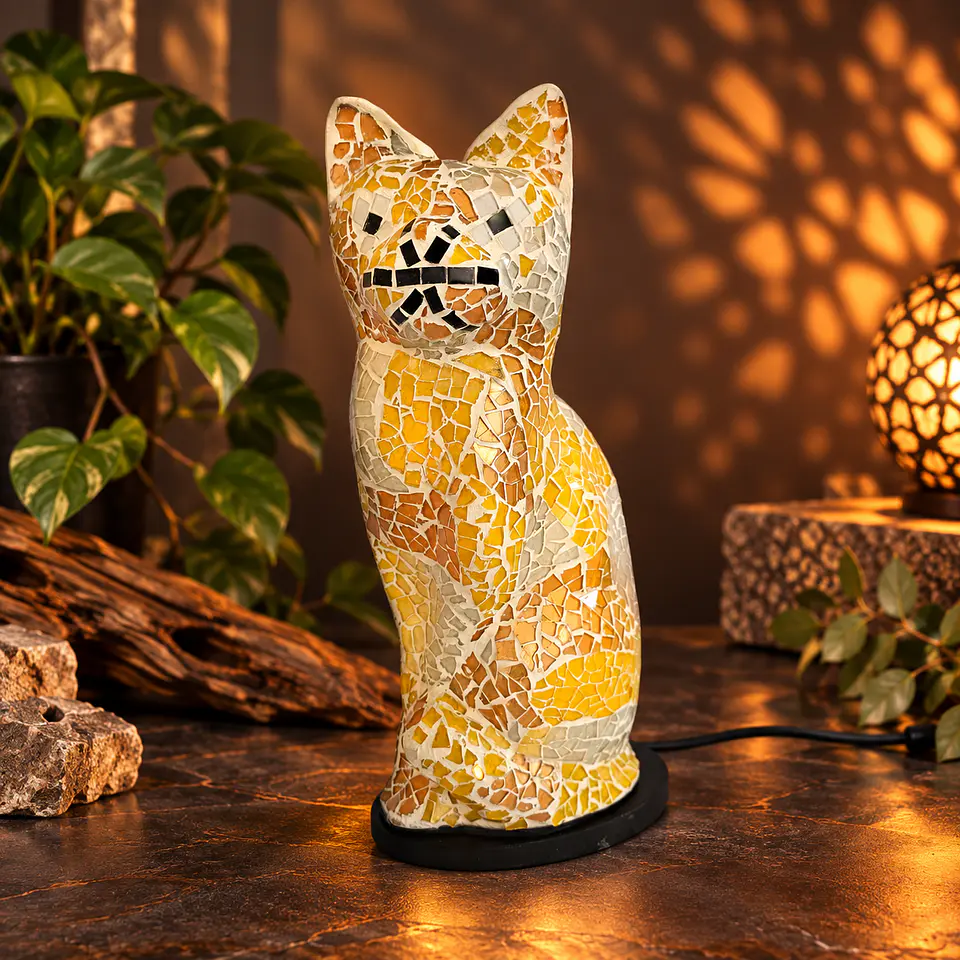 Lámpara Gato Mosaico Artesanal – Amarillo y Beige 1