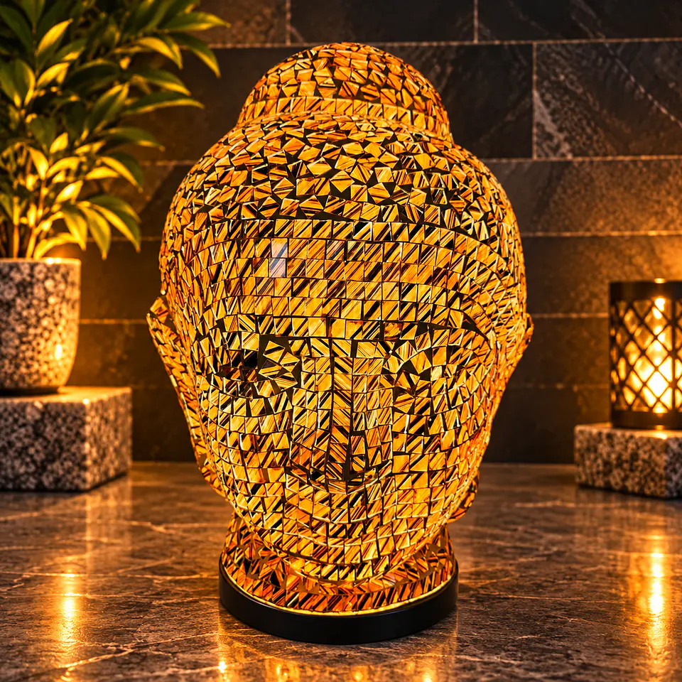 Lámpara Cabeza de Buda Siddharta Gautama Mosaico Artesanal – Café y Terracota 2
