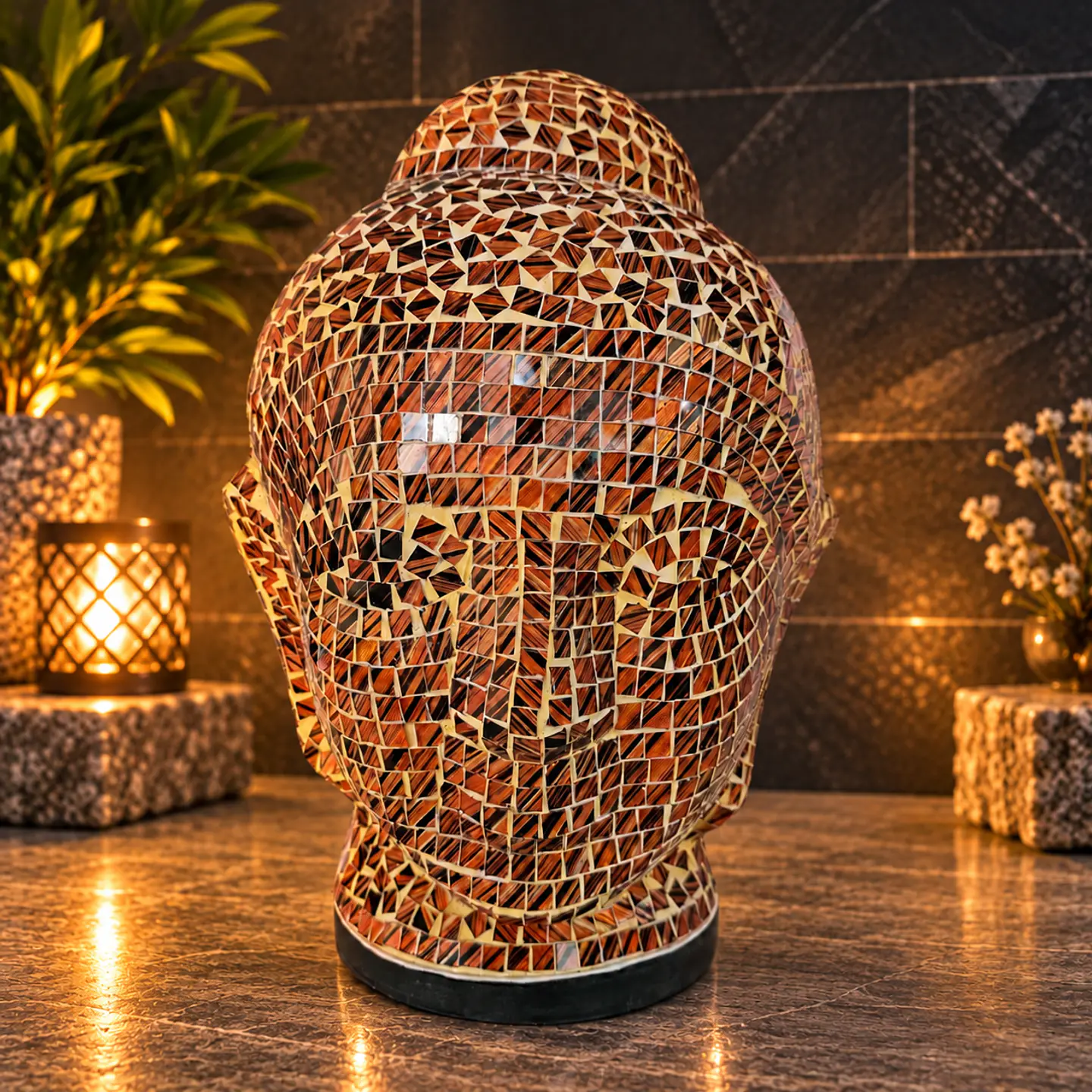 Lámpara Cabeza de Buda Siddharta Gautama Mosaico Artesanal – Café y Terracota 1