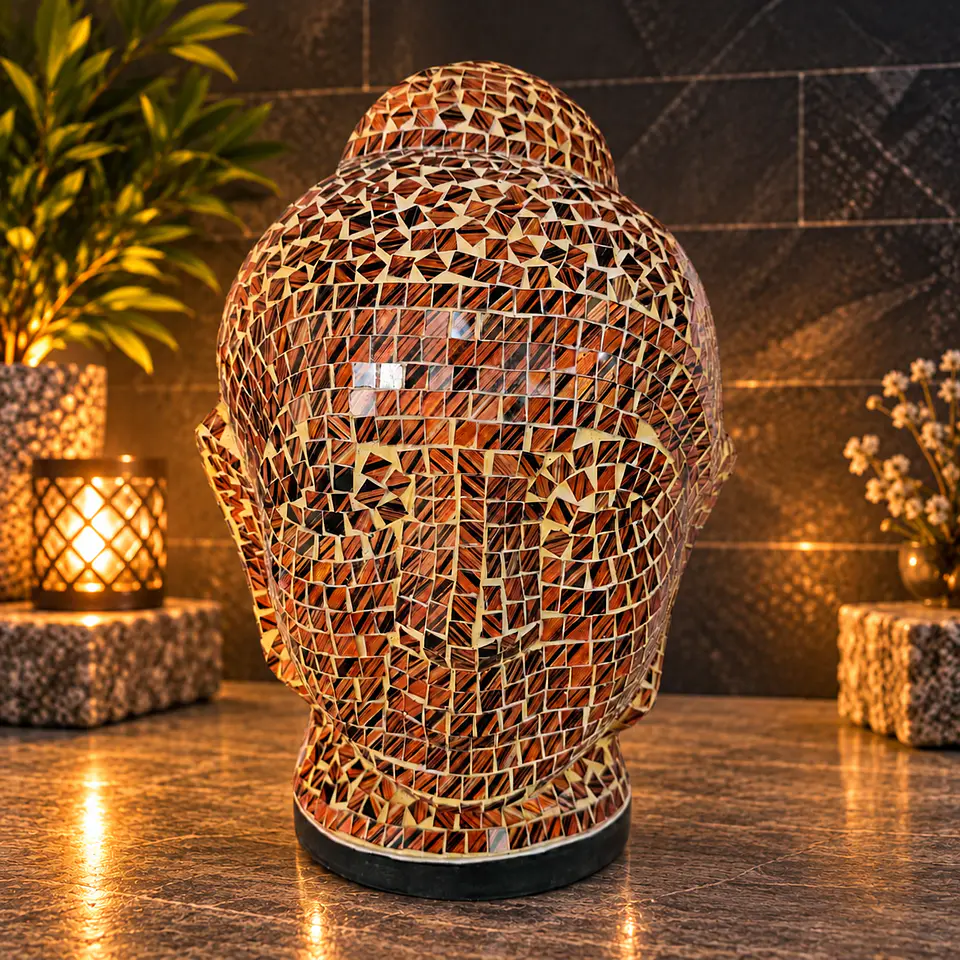 Lámpara Cabeza de Buda Siddharta Gautama Mosaico Artesanal – Café y Terracota 1