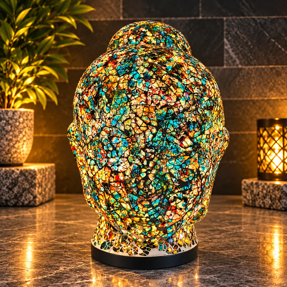 Lámpara Cabeza de Buda Siddharta Gautama Mosaico Artesanal – Café y Beige 2