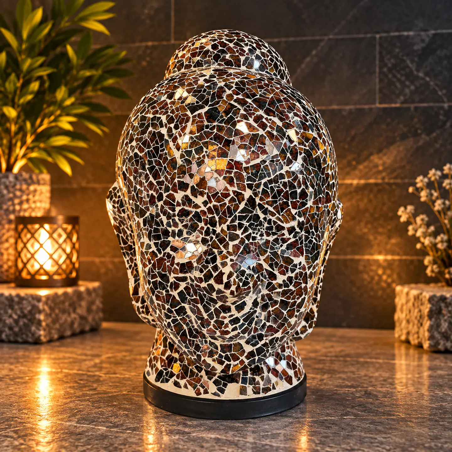 Lámpara Cabeza de Buda Siddharta Gautama Mosaico Artesanal – Café y Beige 1