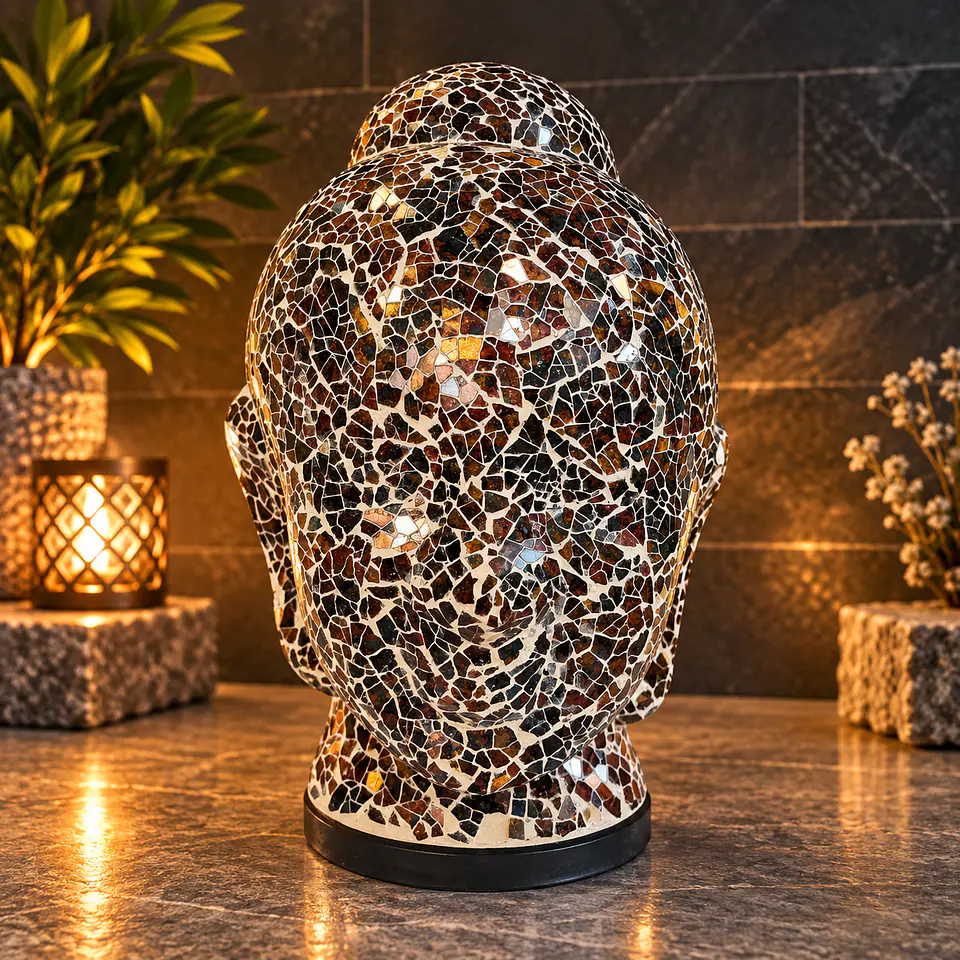 Lámpara Cabeza de Buda Siddharta Gautama Mosaico Artesanal – Café y Beige 1
