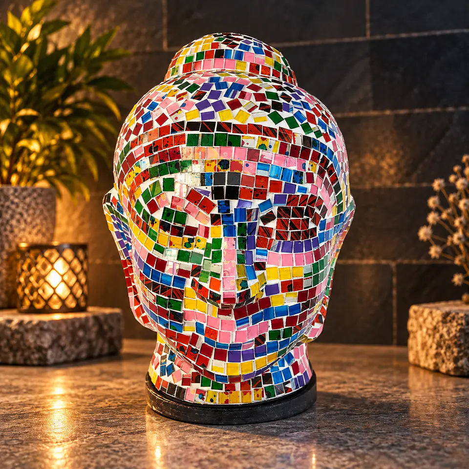 Lámpara Cabeza de Buda Siddharta Gautama Mosaico Artesanal – Blanco Multicolor 1