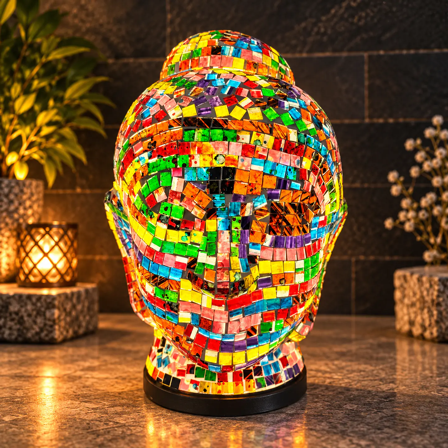 Lámpara Cabeza de Buda Siddharta Gautama Mosaico Artesanal – Blanco Multicolor 2