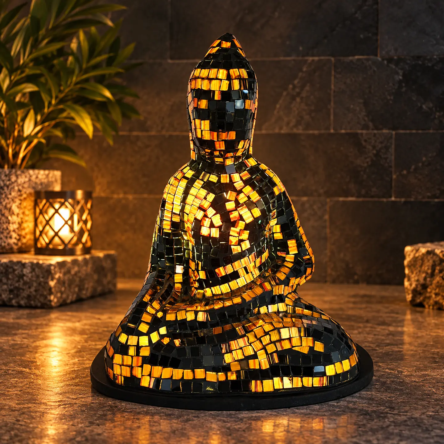 Lámpara Buda Dhyana Mudra Mosaico Artesanal – Negro y Dorado 2