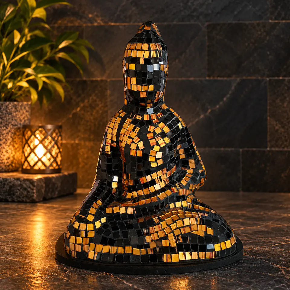 Lámpara Buda Dhyana Mudra Mosaico Artesanal – Negro y Dorado 1