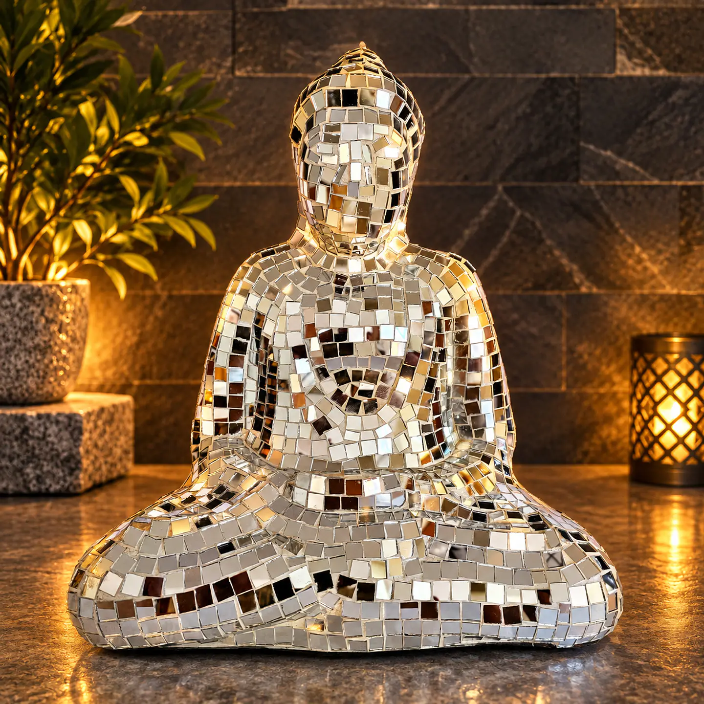 Lámpara Buda Dhyana Mudra Mosaico Artesanal – Plateado y Blanco 1
