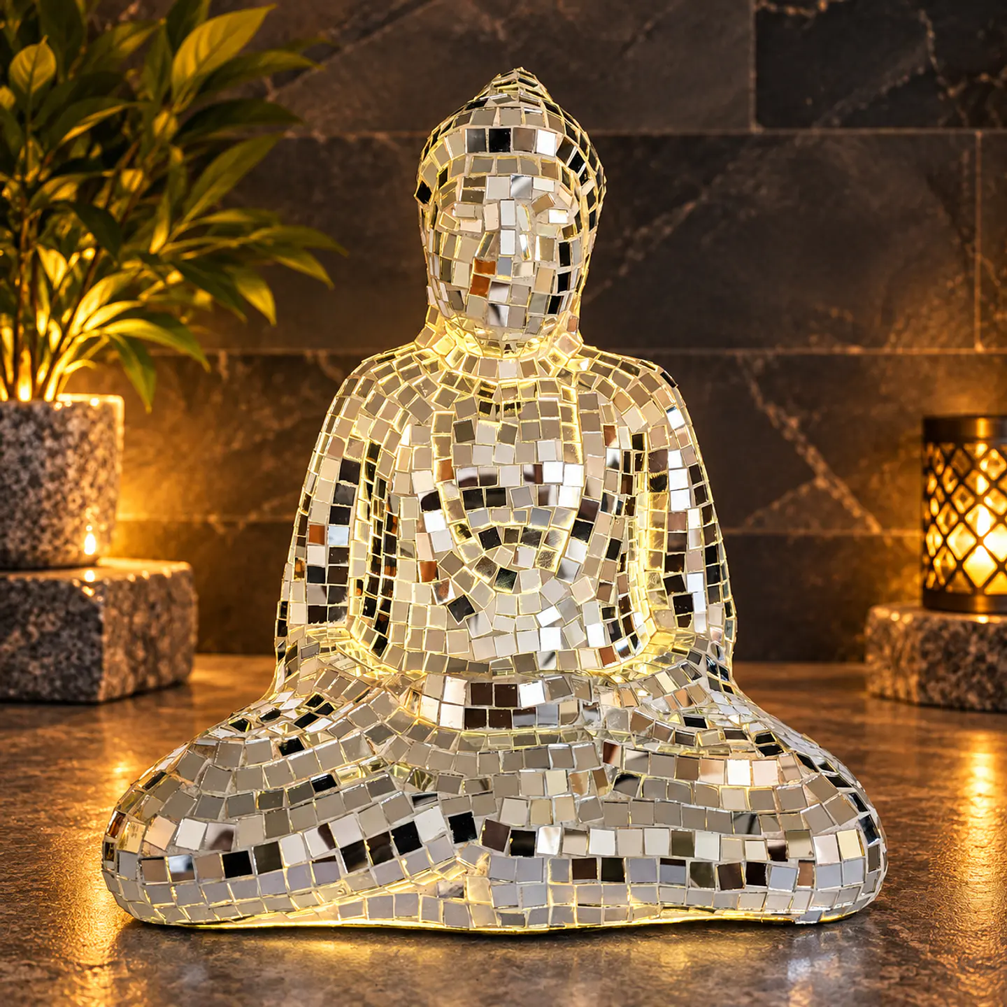 Lámpara Buda Dhyana Mudra Mosaico Artesanal – Plateado y Blanco 2