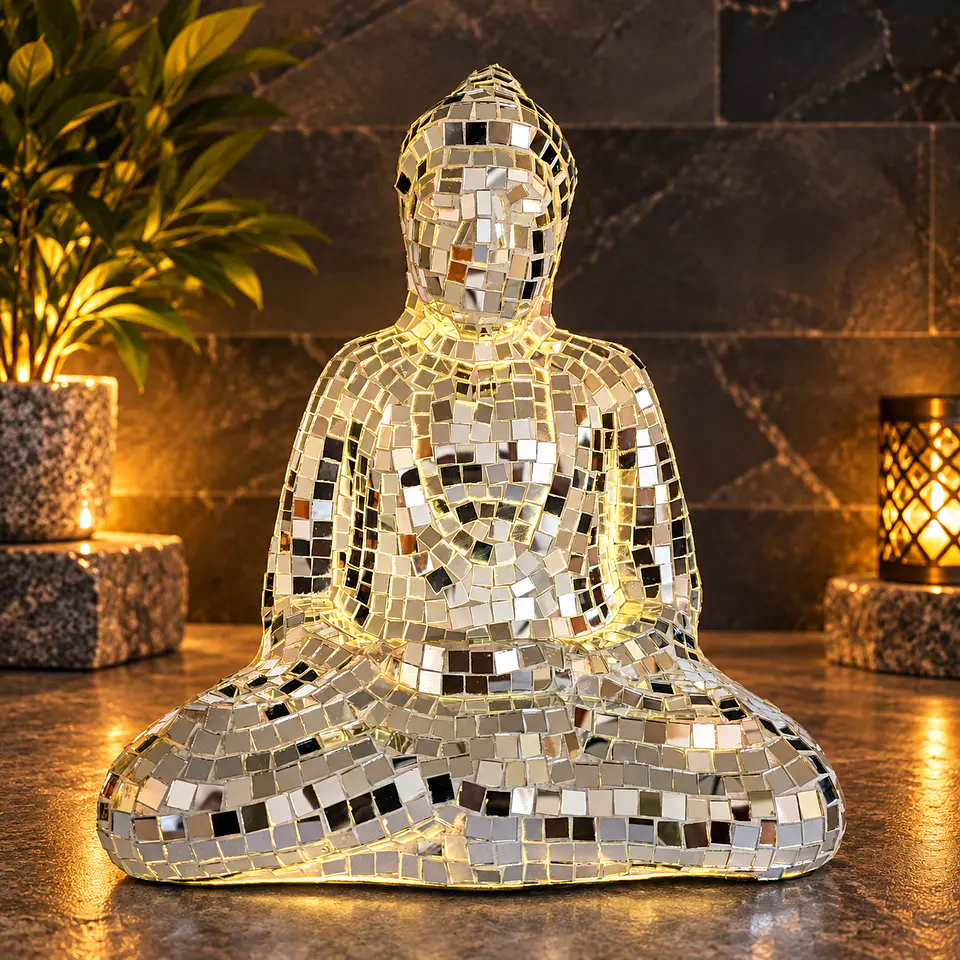Lámpara Buda Dhyana Mudra Mosaico Artesanal – Plateado y Blanco 2