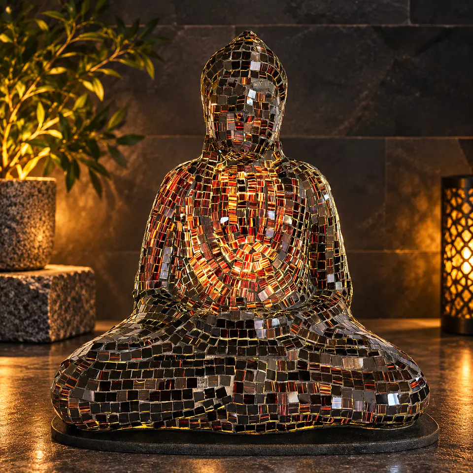 Lámpara Buda Dhyana Mudra Mosaico Artesanal – Plateado, Negro y Cobrizo 2