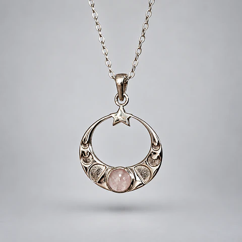 Colgante Luna y Estrella de Cuarzo Rosa en Plata 925