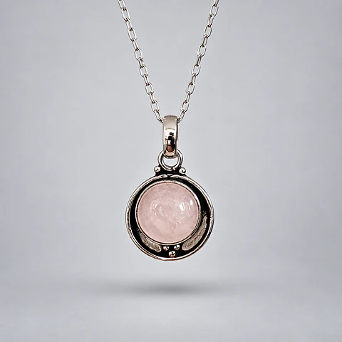 Colgante Circular de Cuarzo Rosa en Plata 925