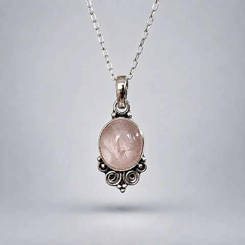 Colgante Ovalado de Cuarzo Rosa en Plata 925
