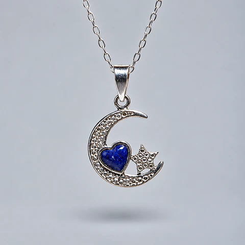 Colgante Luna y Estrella con Corazón de Lapislázuli en Plata 950