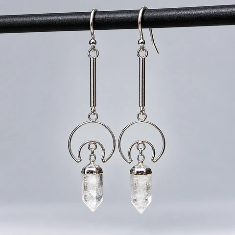 Aros Circulares con Punta de Cuarzo Cristal en Plata 925