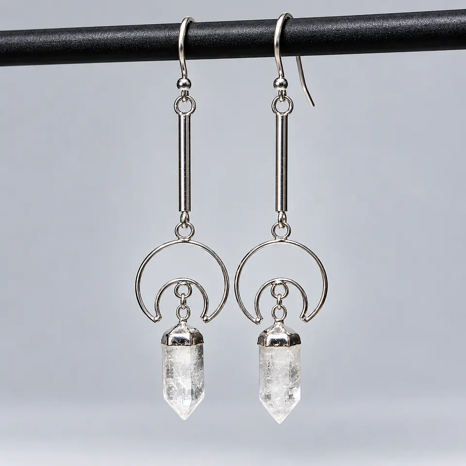 Aros Circulares con Punta de Cuarzo Cristal en Plata 925 1