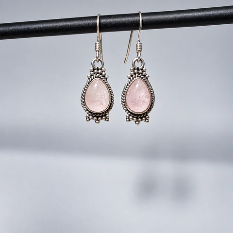 Aros Gota de Cuarzo Rosa en Plata 925