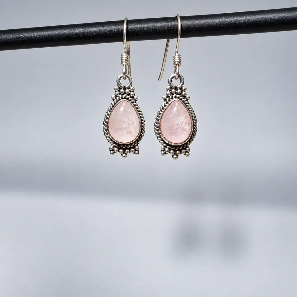 Aros Gota de Cuarzo Rosa en Plata 925 1