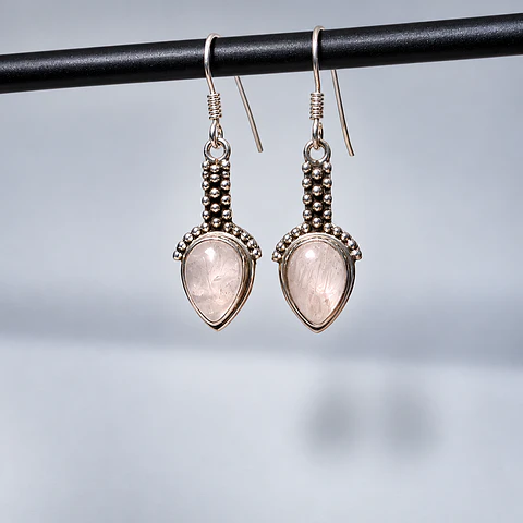 Aros Gota de Cuarzo Rosa en Plata 925