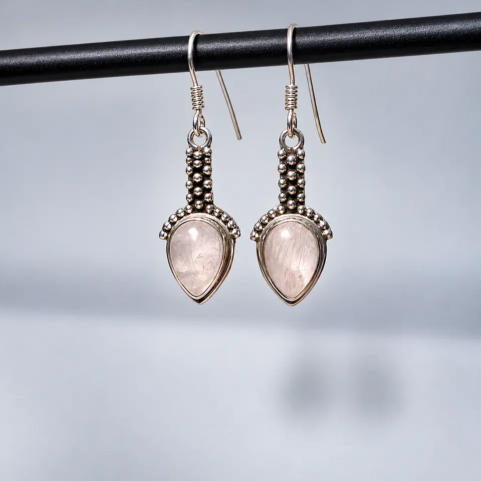 Aros Gota de Cuarzo Rosa en Plata 925 1