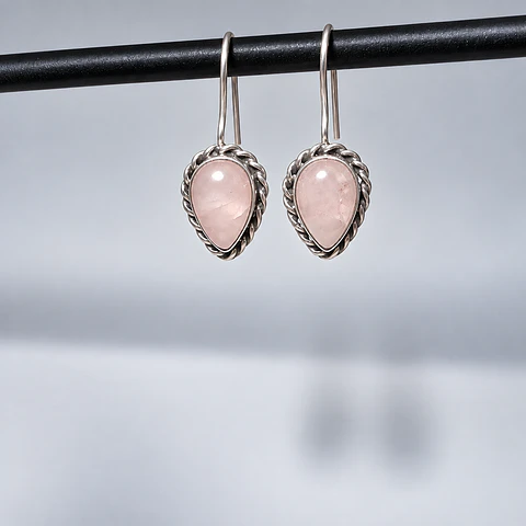 Aros Gota de Cuarzo Rosa en Plata 925