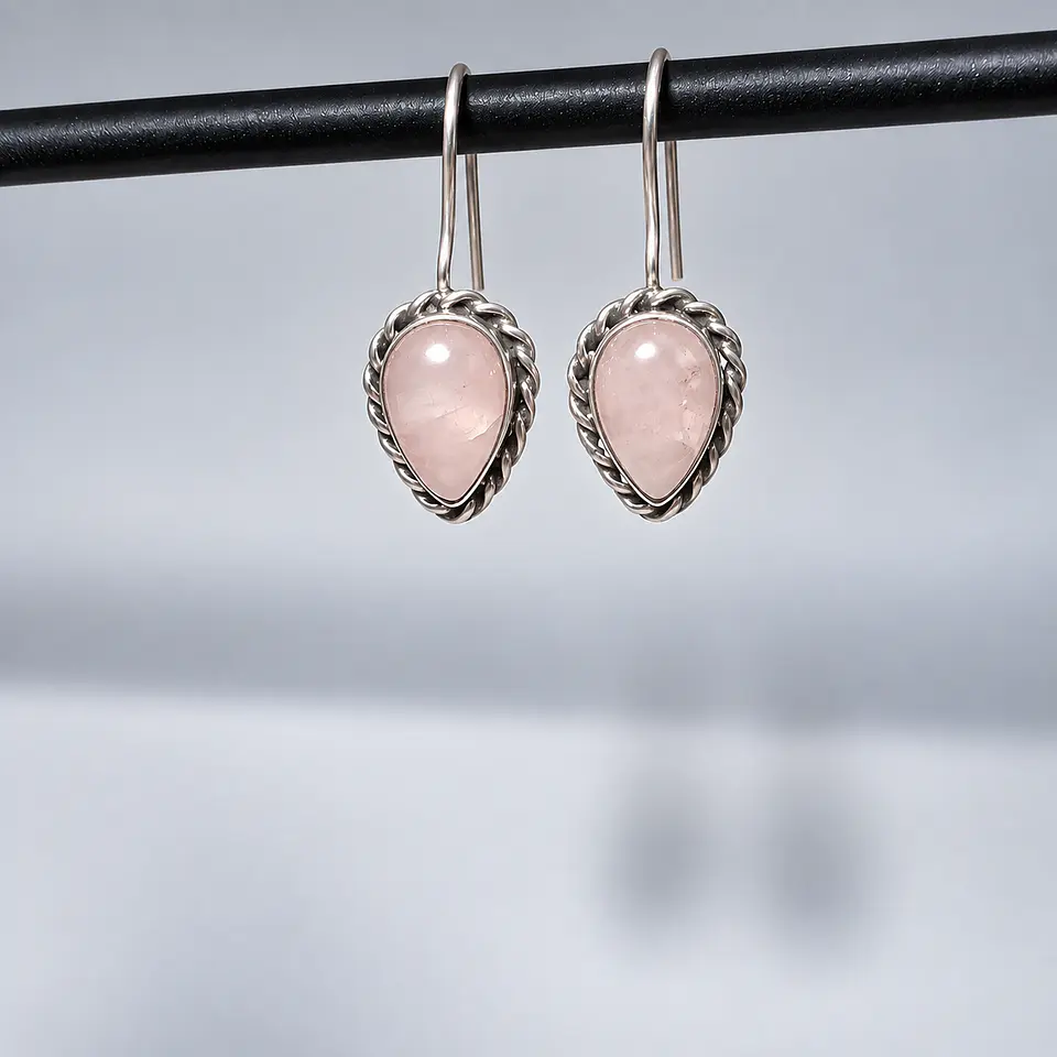 Aros Gota de Cuarzo Rosa en Plata 925 1
