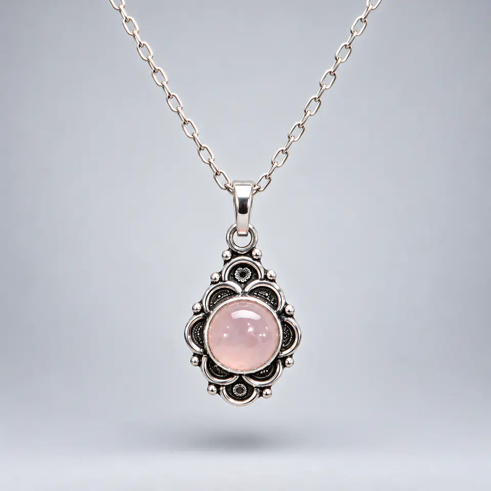 Colgante Flor Ornamental Cuarzo Rosa en Plata 925 1