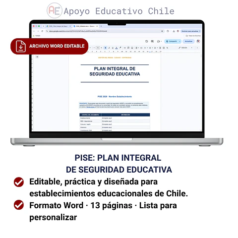 PISE 2026 Chile | Plan Integral de Seguridad Educativa Plantilla Editable