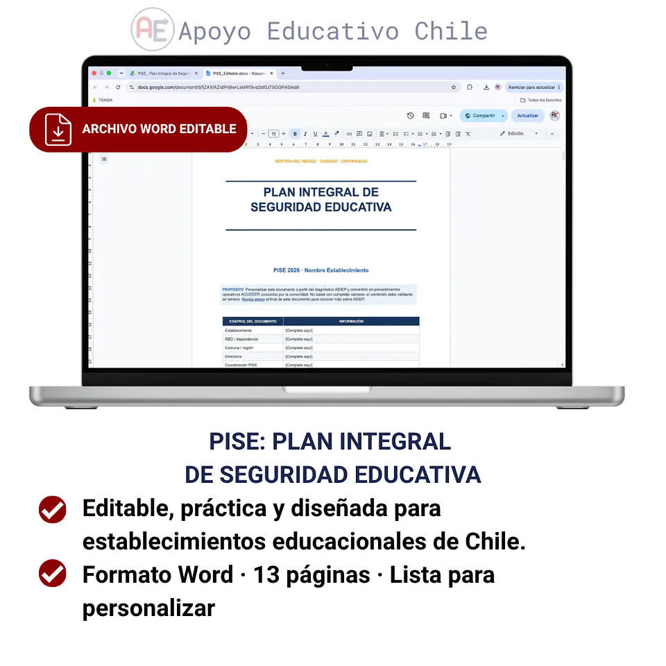 PISE 2026 Chile | Plan Integral de Seguridad Educativa Plantilla Editable 1