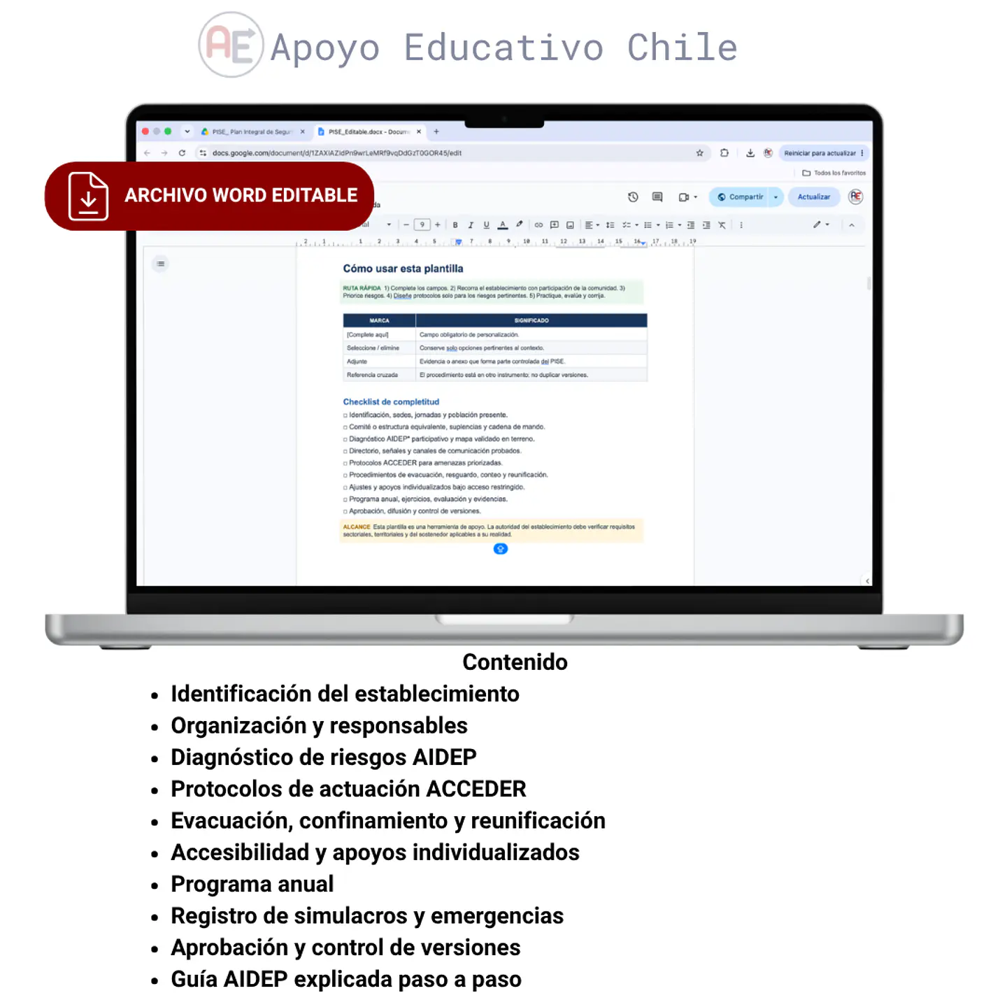PISE 2026 Chile | Plan Integral de Seguridad Educativa Plantilla Editable 2