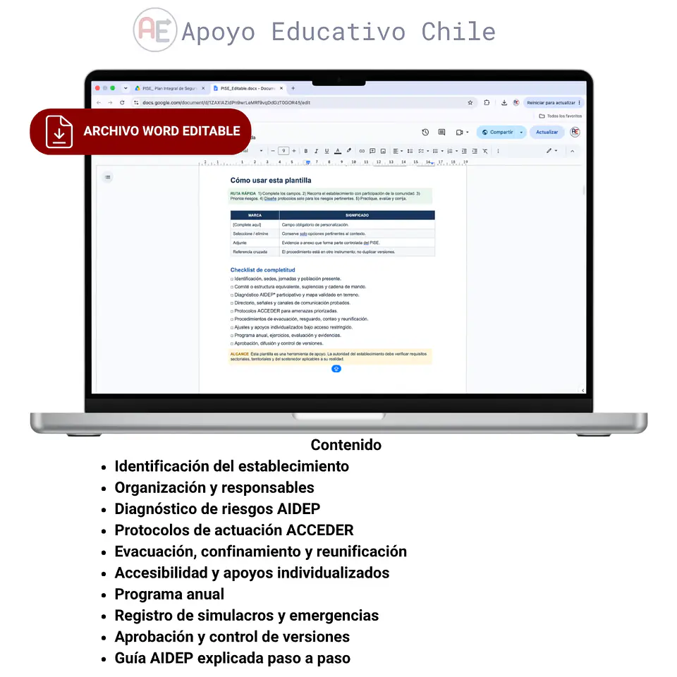 PISE 2026 Chile | Plan Integral de Seguridad Educativa Plantilla Editable 2