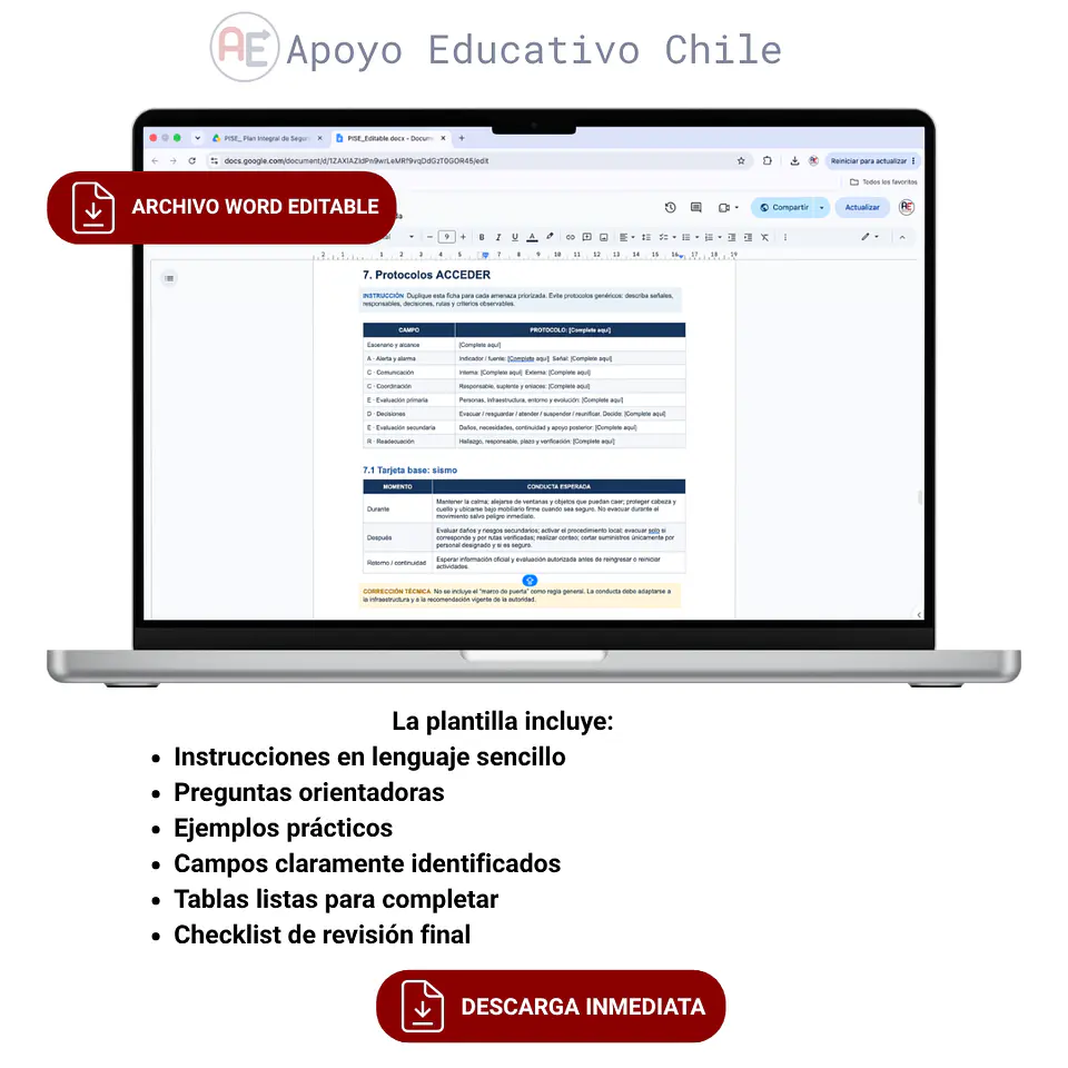 PISE 2026 Chile | Plan Integral de Seguridad Educativa Plantilla Editable 3