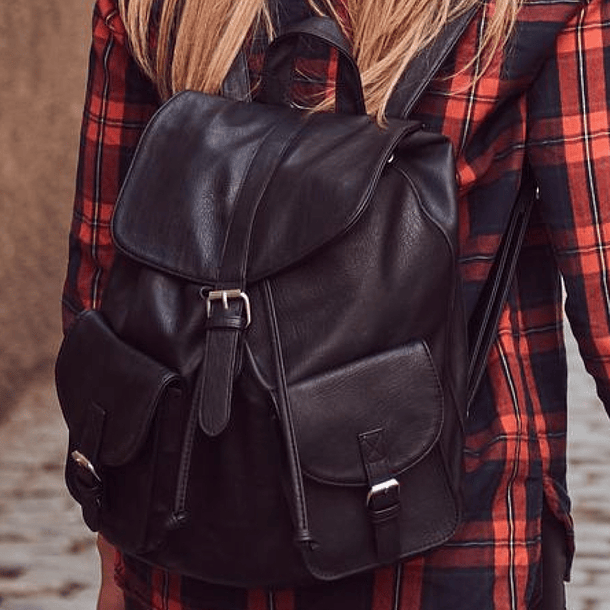 Black Leather Backpack with two pockets 