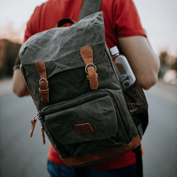 Grey Synthetic Leather Backpack with Brown details 