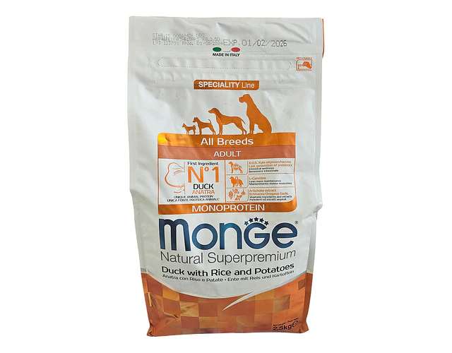 Monge Monoproteico De Pato Con Arroz Para Perros 2.5kgs