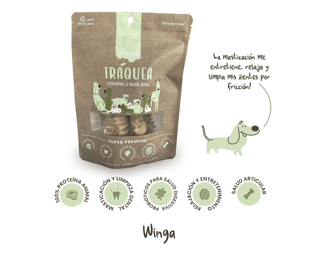 Snack Winga Tráquea Vacuno Super Premium Para Perro X2 Und