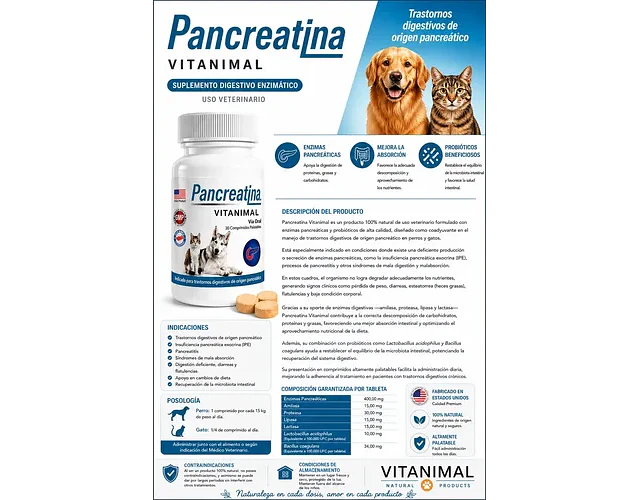 Pancreatina 30 Comprimidos Palatables Para Perros O Gatos