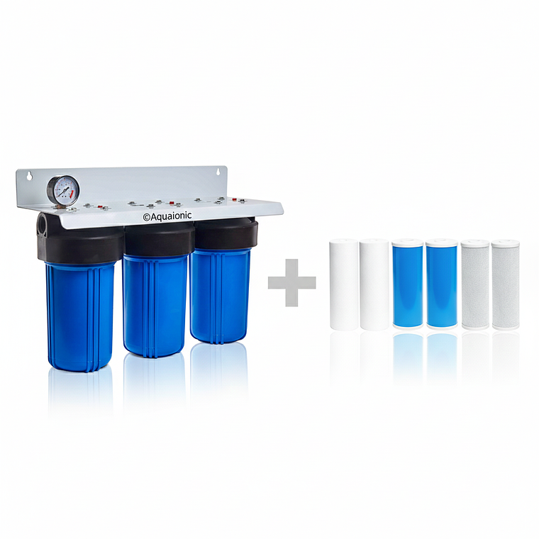 Super Filtro de Agua Triple 10″ x 4.5″ + 1 Pack 6 cartuchos repuestos extra para 1 año - Para Sedimentos y Cloro 1