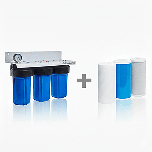 Super Filtro de Agua Triple 10″ x 4.5″ + 1 Pack 3 cartuchos repuestos extra para 6 meses - Para Sedimentos y Cloro