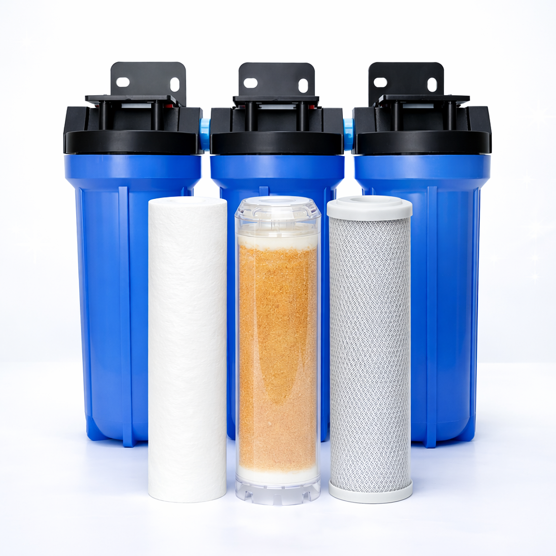 Pack Filtro Triple 10″ x 2.5″. Salida 3/4 – Para Sedimentos, Dureza y Cloro 1