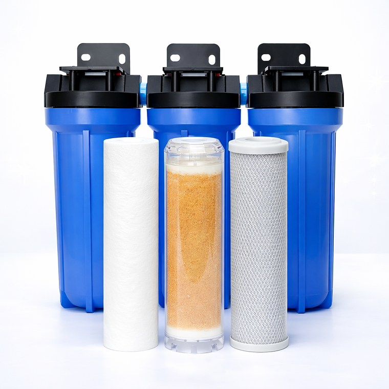 Pack Filtro Triple 10″ x 2.5″. Salida 3/4 – Para Sedimentos, Dureza y Cloro 1