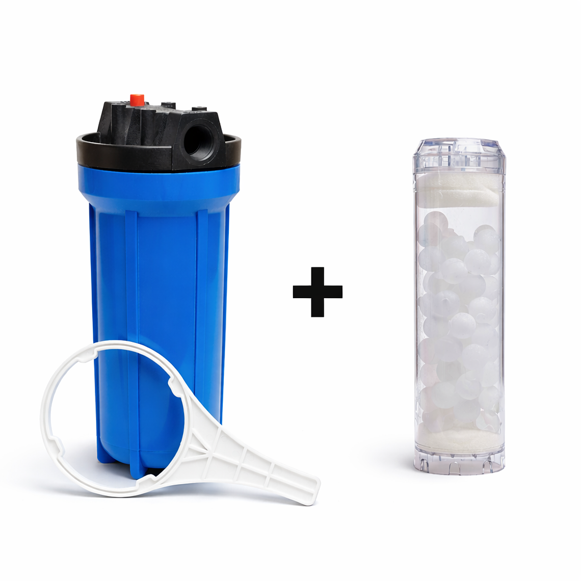 Pack Carcasa Azul Portafiltro 10″ x 2.5″. Salida 3/4 + Filtro Polifosfato Antisarro 1