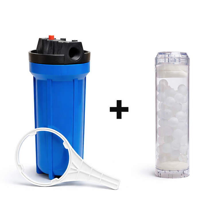 Pack Carcasa Azul Portafiltro 10″ x 2.5″. Salida 3/4 + Filtro Polifosfato Antisarro 1